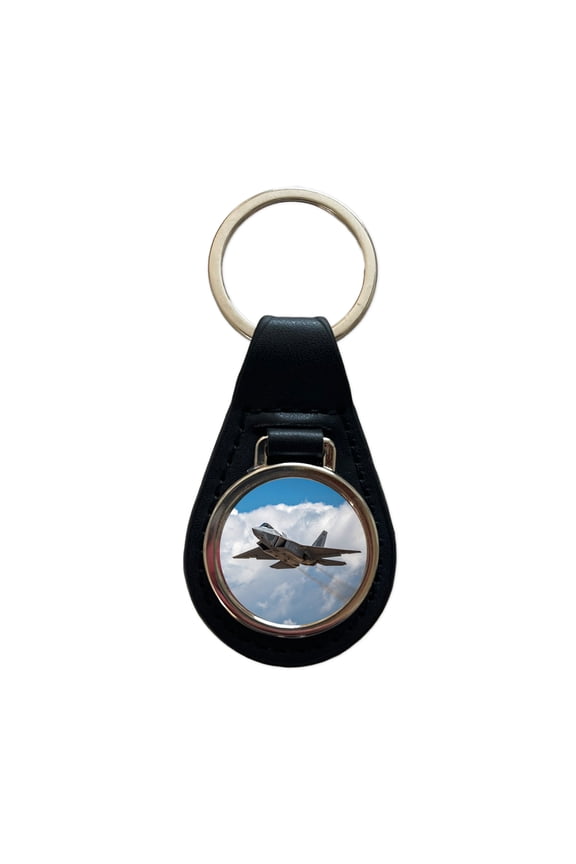 F-22 Raptor In Flight US Air Force Fighter Plane Metal Black Leather Keychain