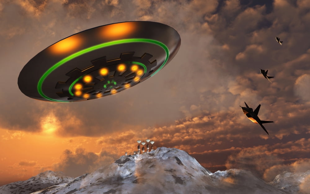 F-22 Raptors chase a UFO through the skies over Roswell New Mexico Canvas Art - Mark StevensonStocktrek Images (36 x 23)