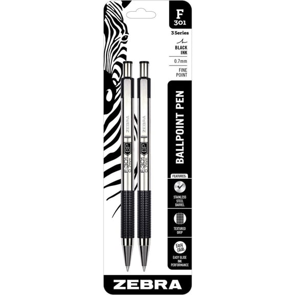 Zebra Pen F-301 Stainless Steel Retractable Ballpoint Pen, 0.7mm, Black Ink 2-Pack