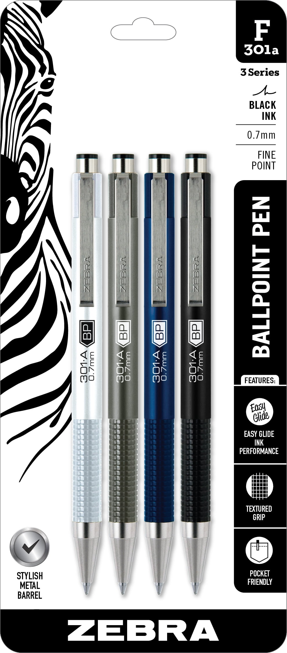 F-301A Retractable Ballpoint Pen, Premium Metal Barrel in Assorted Colors, Fine Point, 0.7 mm, 4 Per Pack