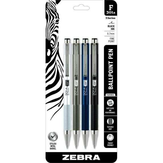F-301A Retractable Ballpoint Pen, Premium Metal Barrel in Assorted Colors, Fine Point, 0.7 mm, 4 Per Pack