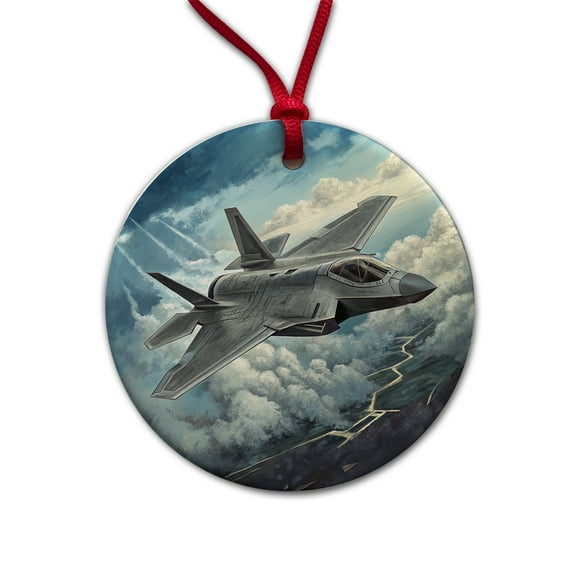 F-35 in Cloudy Sky US Air Force Navy Marines Plane Christmas Tree Holiday Round Ceramic Ornament