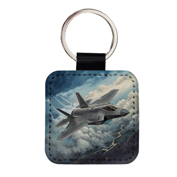 F-35 in Cloudy Sky US Air Force Navy Marines Plane Faux Leather Square Keychain
