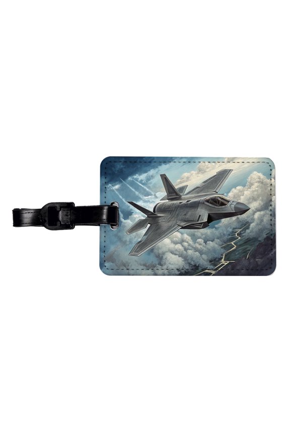F-35 in Cloudy Sky US Air Force Navy Marines Plane Faux Leather Travel Luggage Tag