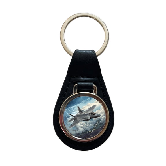 F-35 in Cloudy Sky US Air Force Navy Marines Plane Metal Black Leather Keychain