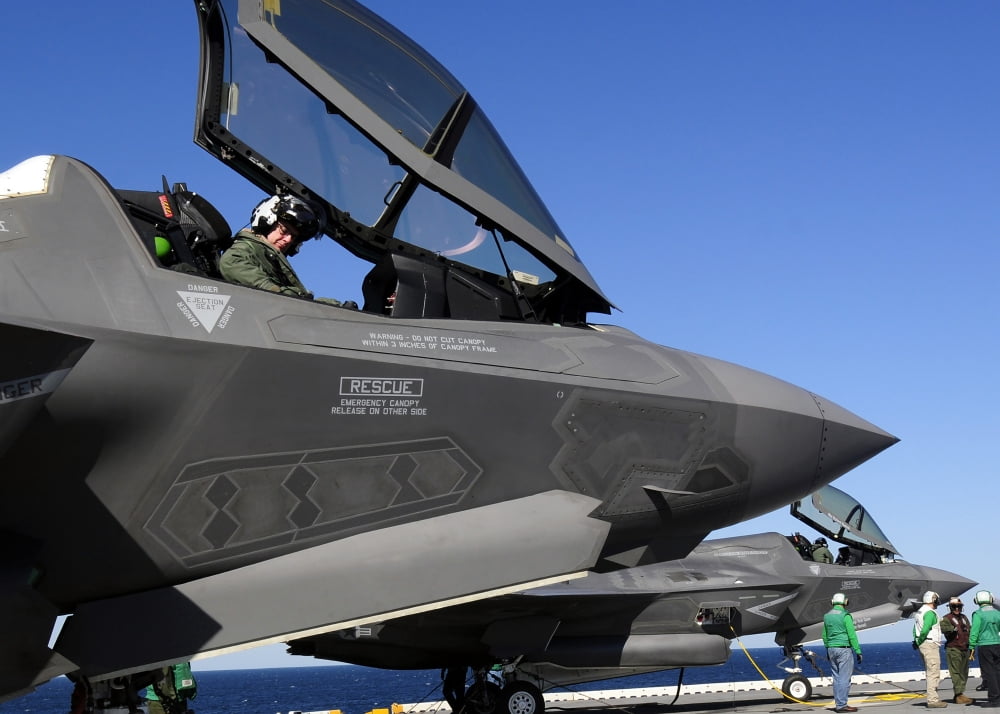 F-35B Lightning II variants are secured on the flight deck of USS Wasp Canvas Art - Stocktrek Images (33 x 24)