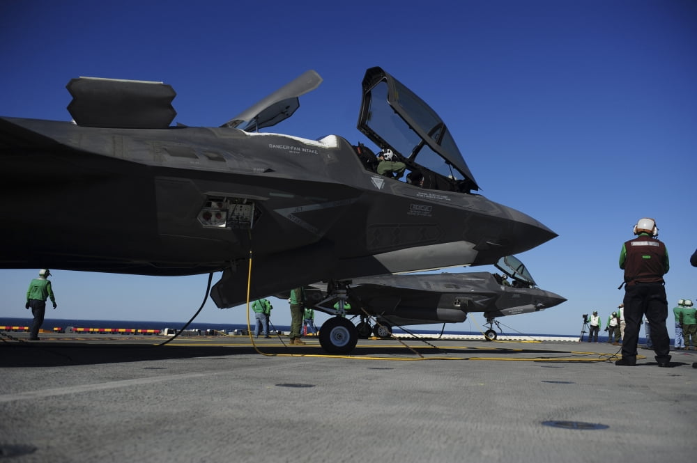 F-35B Lightning II variants are secured on the flight deck of USS Wasp Canvas Art - Stocktrek Images (35 x 23)
