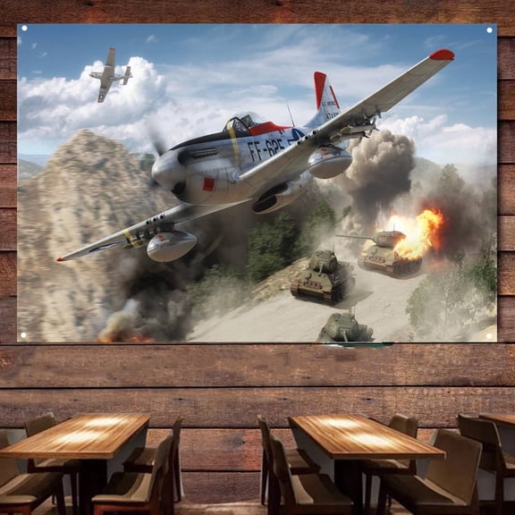 F-51D WW II US Fighter Banner Wall Flag - Air Force Attack Aircraft Canvas Print - Military Aviation Wall Art Decor - Ideal Gift For Army Fans 38" x 57"