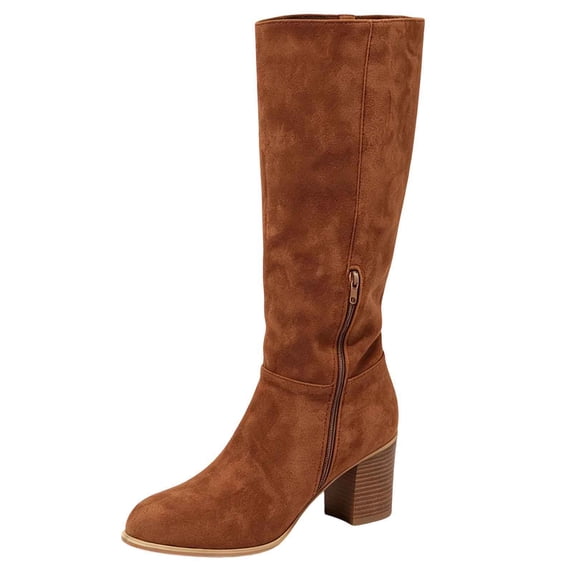 F-625 Brown Ladies Faux Leather Tall Boots Round Toe Chunky Heel Side Zipper Fashionable Comfortable Casual High Heel Footwear