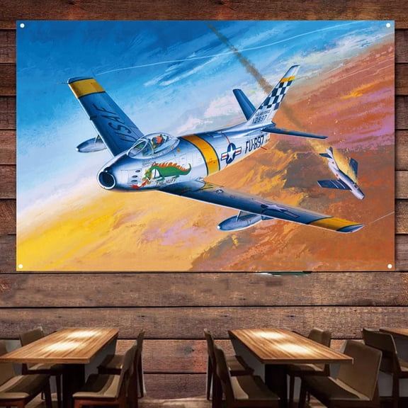 F-86F Sabre Fighter Jet Banner - Air Force Military Wall Art Poster For Room Studio Bedroom - 38" x 57" Attack Aircraft Canvas Print Art Work - Aviation Plane Wall Decoration