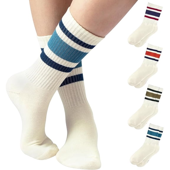 F|B Striped Retro Crew Socks for Women - Pair of 4 Triple Striped Socks with Terry Cushioned Sole-Tube socks women