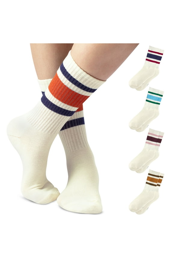 Striped Retro Crew Socks for Women - Pair of 5 Triple Striped Socks Women with Terry Cushioned Sole
