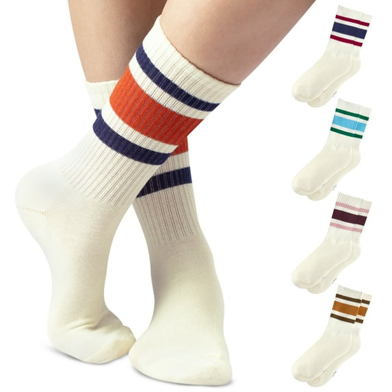 F|B Striped Retro Crew Socks for Women - Pair of 5 Triple Striped Socks Women with Terry Cushioned Sole