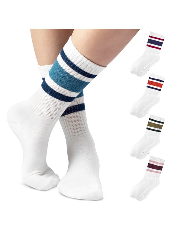 Striped Retro Crew Socks for Women - Pair of 5 Triple Striped Socks with Terry Cushioned Sole-Tube socks women