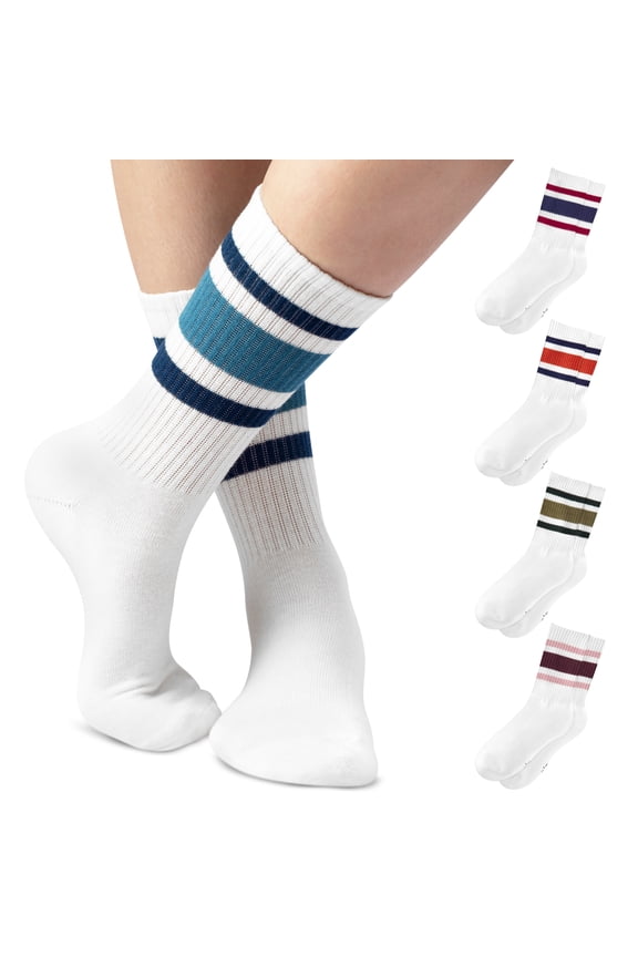 Striped Retro Crew Socks for Women - Pair of 5 Triple Striped Socks with Terry Cushioned Sole-Tube socks women