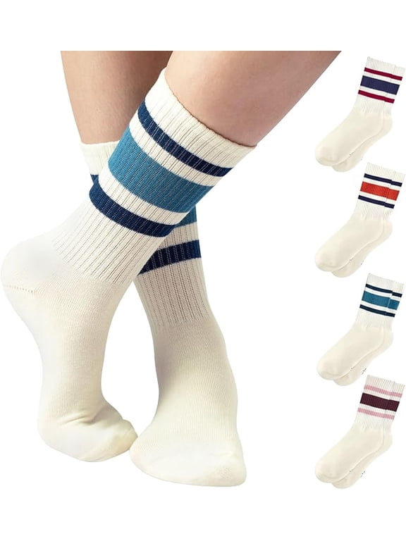 Striped Retro Crew Socks for Women - Pair of 5 Triple Striped Socks with Terry Cushioned Sole-Tube socks women