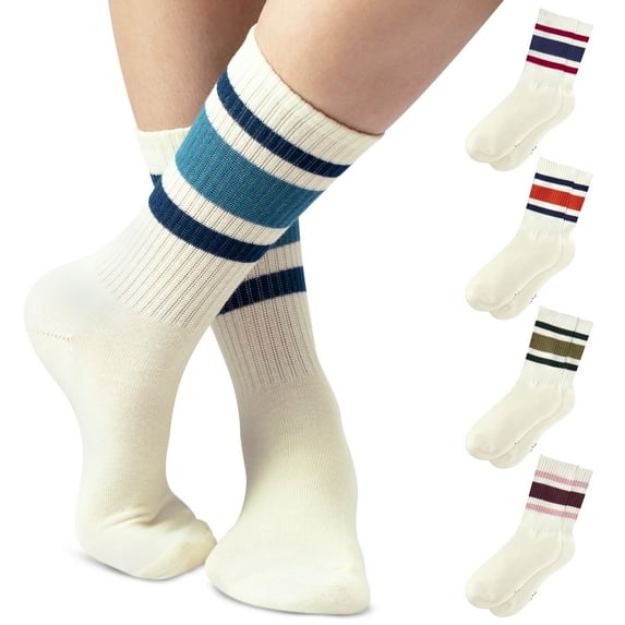 F|B Striped Retro Crew Socks for Women - Pair of 5 Triple Striped Socks with Terry Cushioned Sole