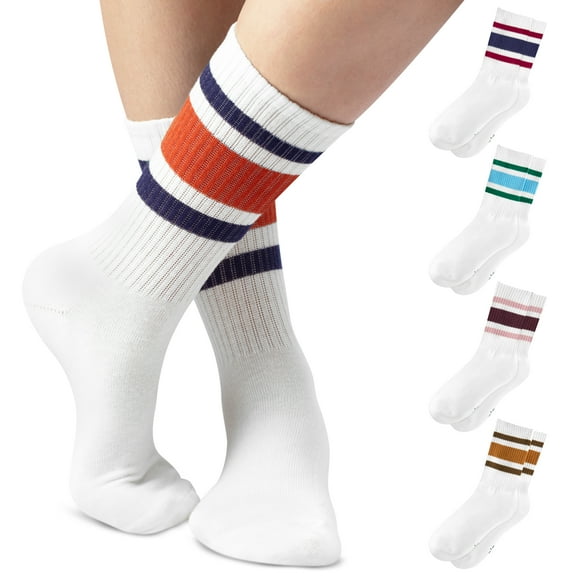 F|B Striped Retro Crew Socks for Women - Pair of 5 Triple Striped Socks with Terry Cushioned Sole