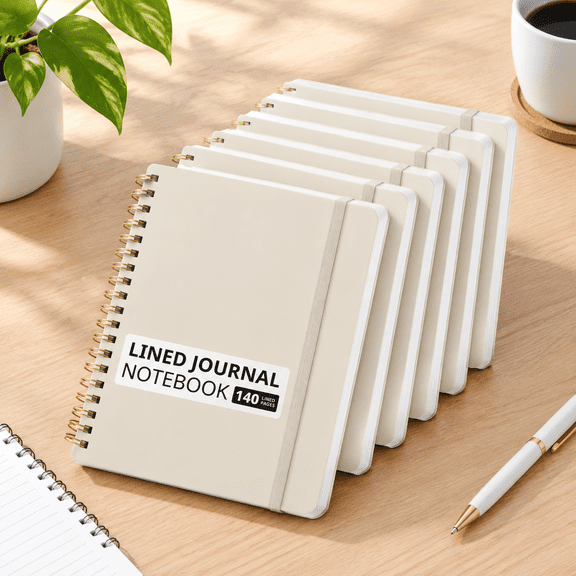 F-Beige A - 6 Pack Lined Hardcover Spiral Journal Notebooks for Work Office