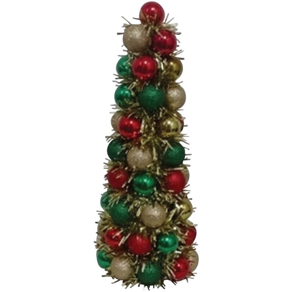 F C Young 130656 17 in. Glitter Ball Cone Tree with Tinsel - Red, Gold & Green