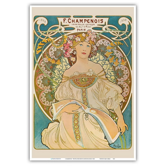 F. Champenois - Printer Publisher (Imprimeur-Éditeur) - Paris France - Vintage Art Nouveau Poster by Alphonse Mucha c.1898 - Master Art Print (Unframed) 13in x 19in