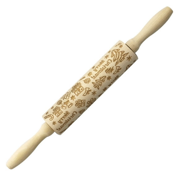 F Christmas Themed Rolling Pin With Engraved Designs 35Cm, Wooden Dough Press For Baking And Craft