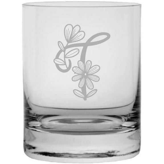 F Daishy Daisy Monogram Etched 11oz Crystal Rocks Whisky Glass