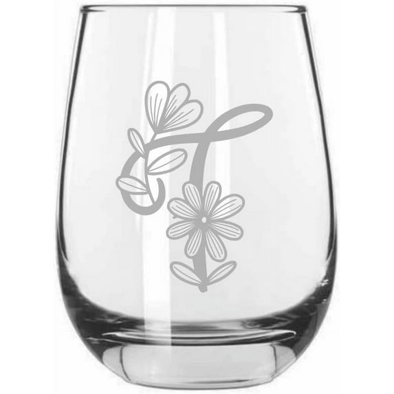 F Daishy Daisy Monogram Etched 15.25oz Libbey Stemless Wine Glass