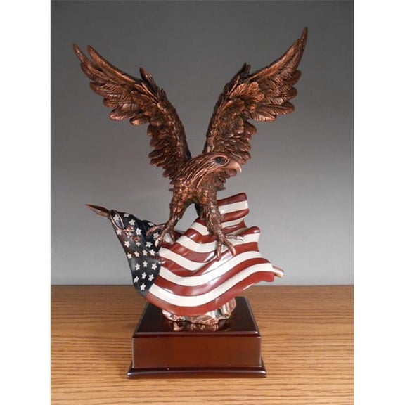 F Eagle With Flag Bronze Plated Resin Sculpture - 9 x 6 x 13 in.