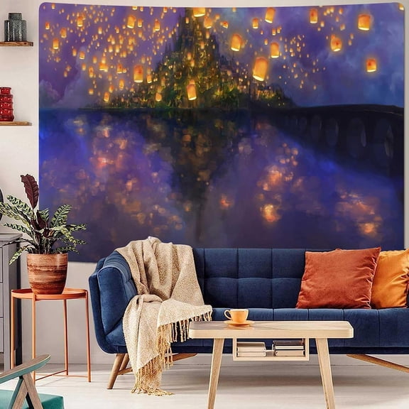 F-FUN SOUL Night Castle Blacklight Tapestry, 80x60inches Soft Flannel UV Reactive, Cartoon Lantern Fuzzy Pattern Art Wall Hanging Tapestries for Living Room Bedroom Neon Decor YGTXFFS1