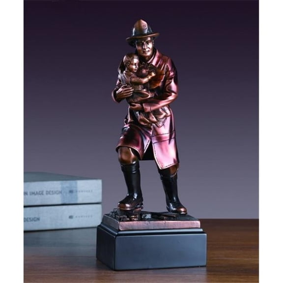 F Fire Fighter With Child Bronze Plated Resin Sculpture