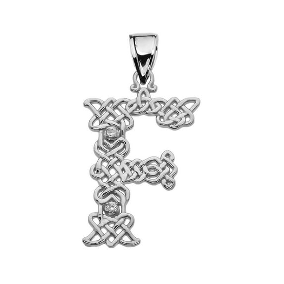 "F" INITIAL IN CELTIC KNOT PATTERN WHITE GOLD PENDANT NECKLACE WITH DIAMOND