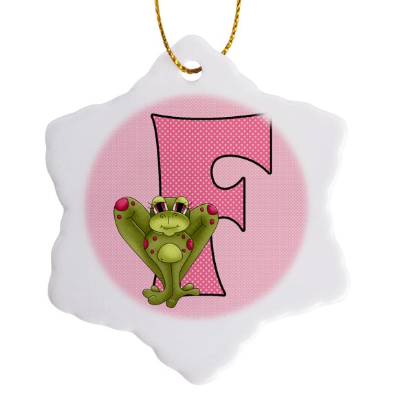 3drose, F Is for Frog in Pink for Girls Baby and Kids Monogram F in Polka Dot Prints, 3 inch Snowflake Porcelain Ornament