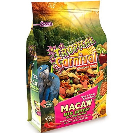 F.M. Brown's Tropical Carnival Gourmet Macaw Food Big Bites for Big Beaks, 14-lb Bag - Vitamin-Nutrient Fortified Daily Diet with Probiotics for Digestive Health