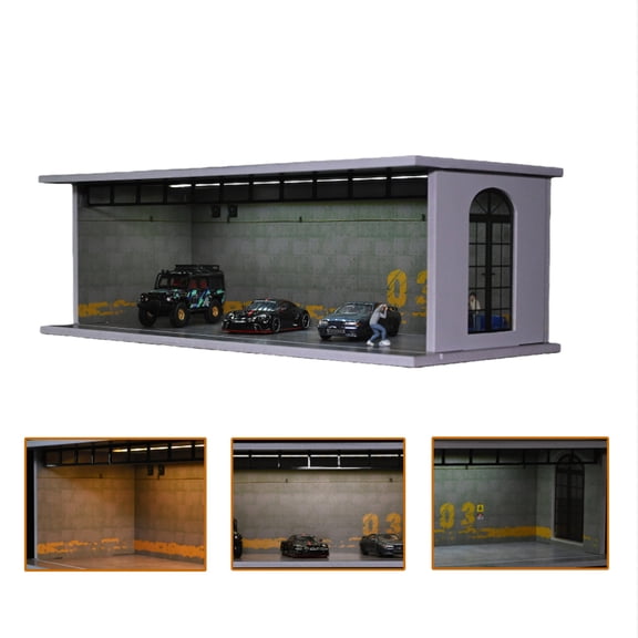 F-MNW 1:64 Diorama Diecast Car Garage Model, Tri-Color LED Lighting Parking Lot Scene Display Case with Side Windows, Street Building Model Garage, Workshop Diorama