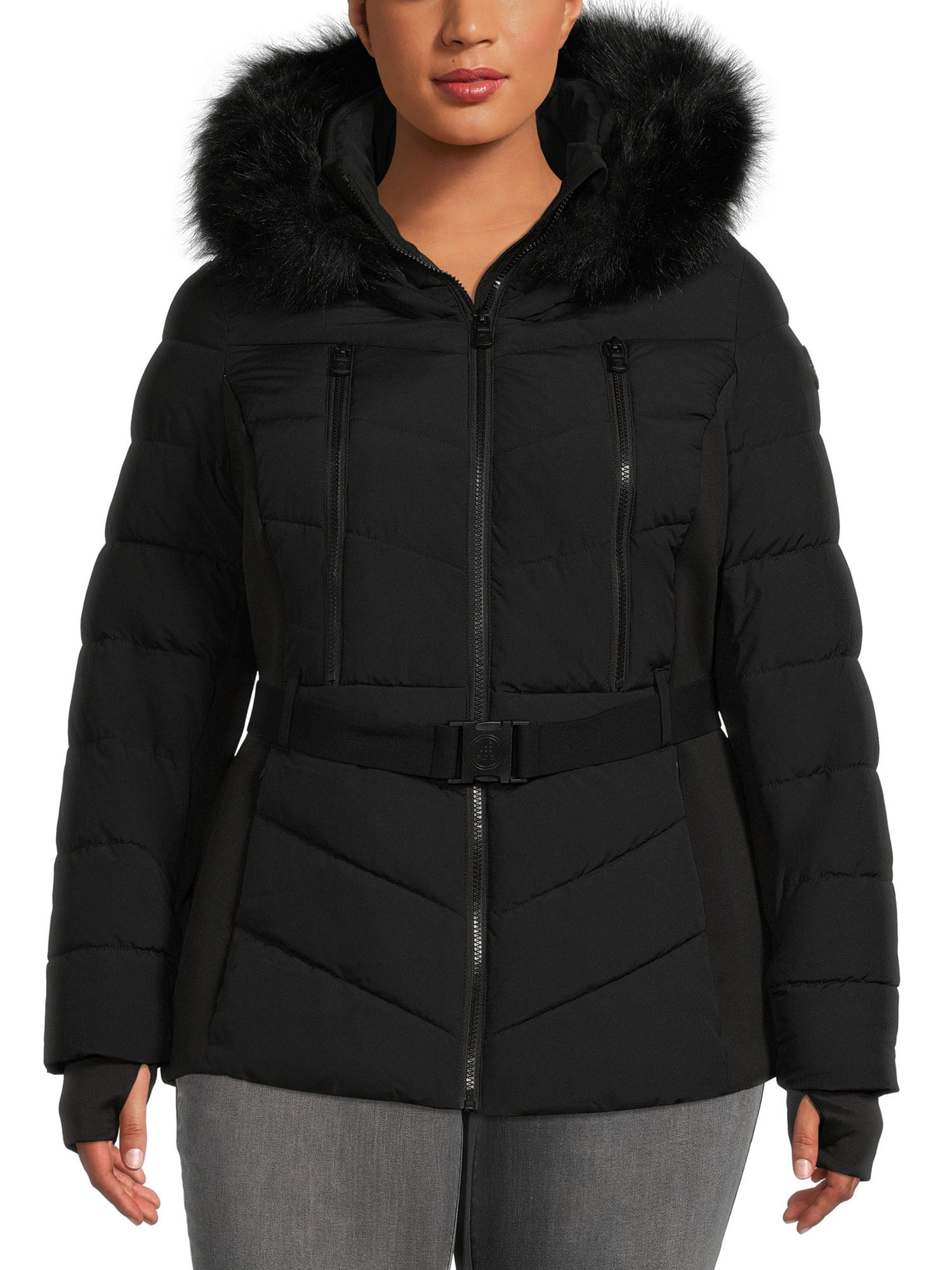 F.O.G. Women's Belted Puffer Coat with Faux Fur Hood, Sizes XS