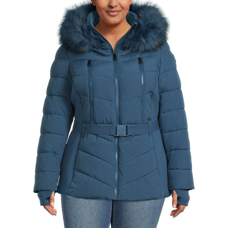 F.O.G. Women's Belted Puffer Coat with Faux Fur Hood, Sizes XS-3X