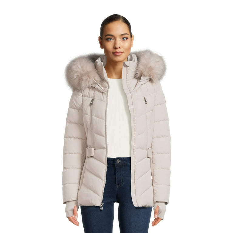 F.O.G. Women's Belted Puffer Coat with Faux Fur Hood, Sizes XS-3X