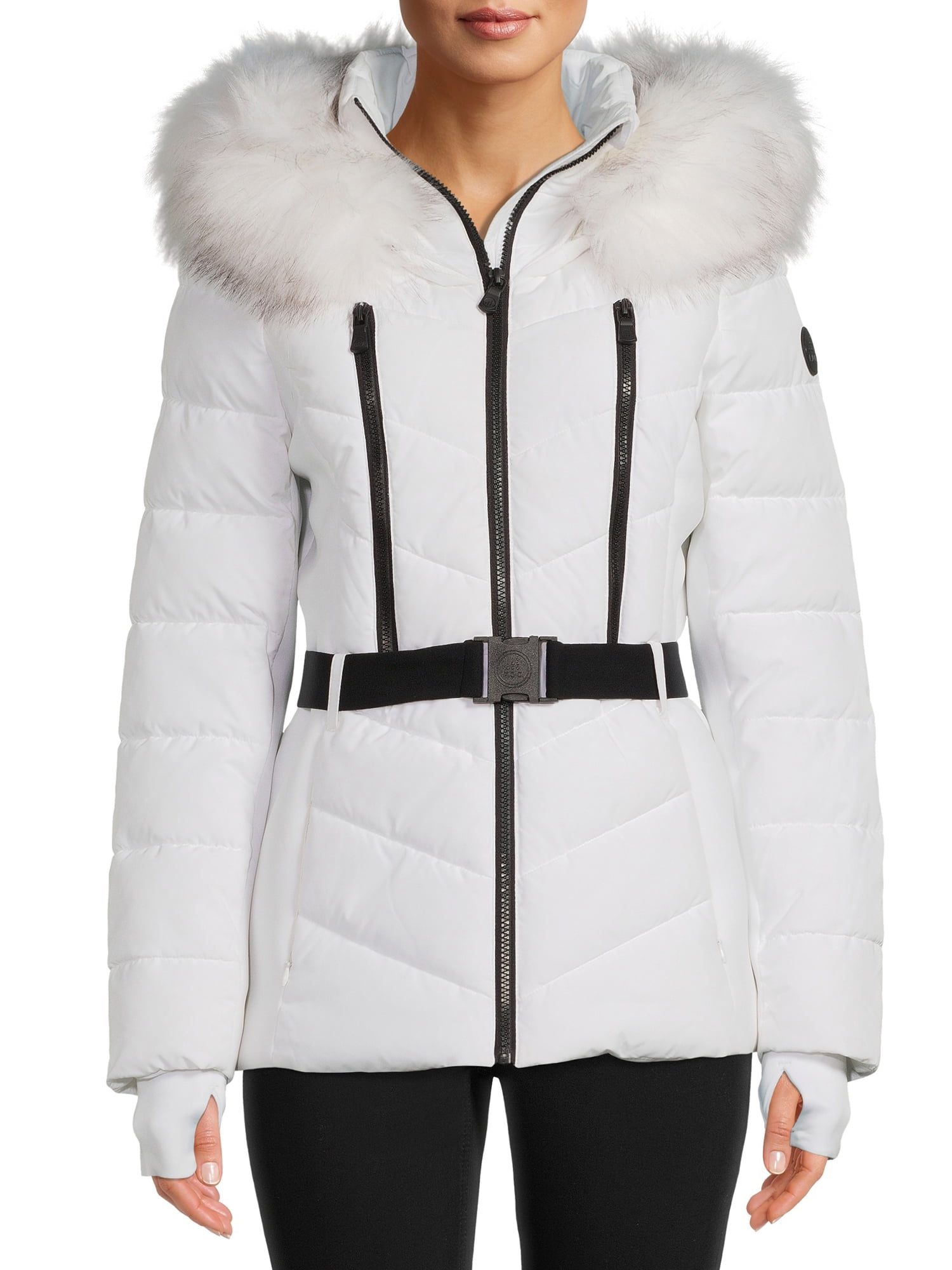 F.O.G. Women's Belted Puffer Coat with Faux Fur Hood, Sizes XS-3X ...