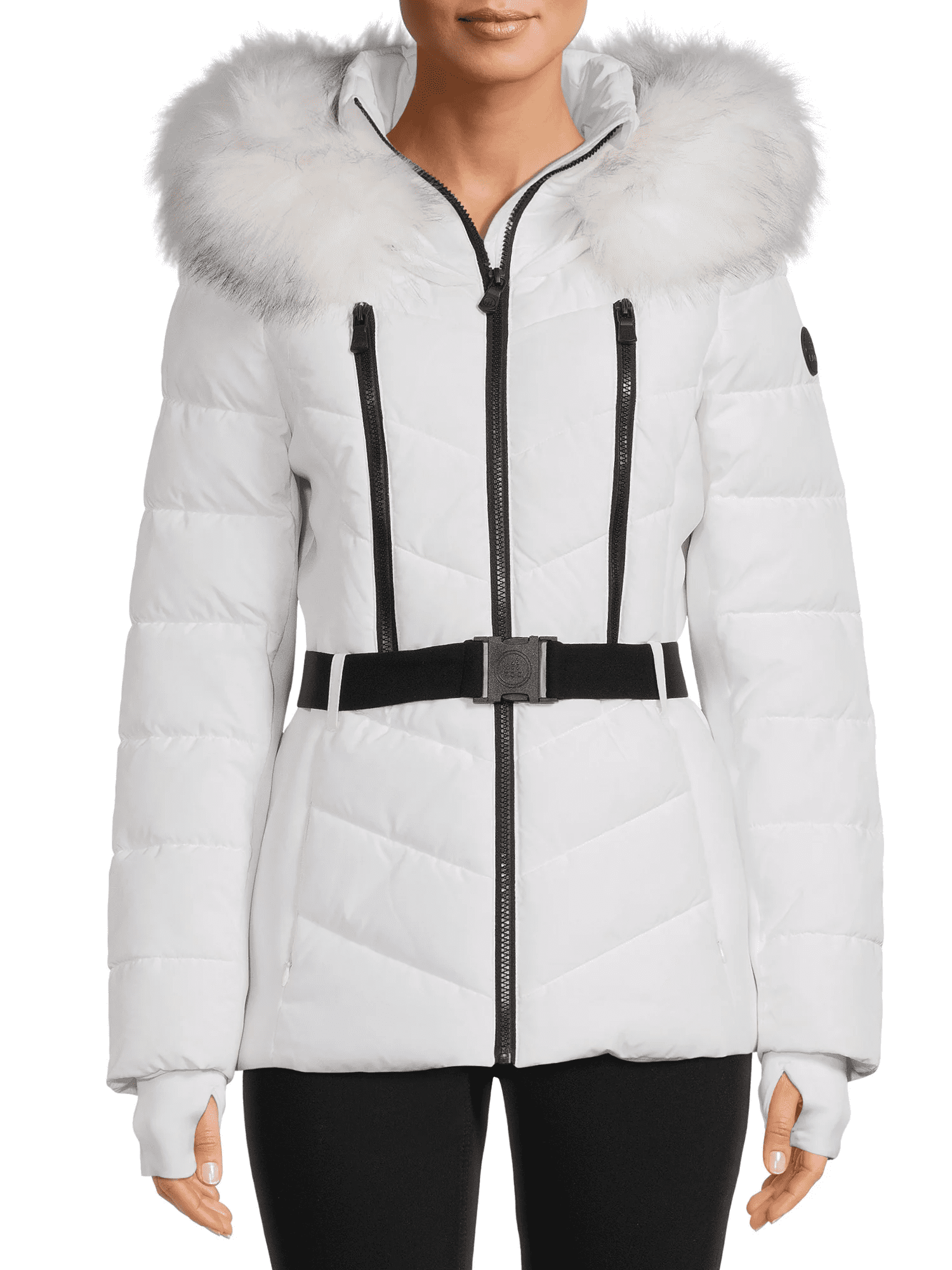 F.O.G. Women's Belted Puffer Coat with Faux Fur Hood - Walmart.com