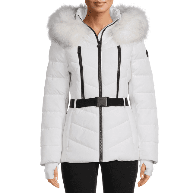 F.O.G. Women's Belted Puffer Coat with Faux Fur Hood - Walmart.com