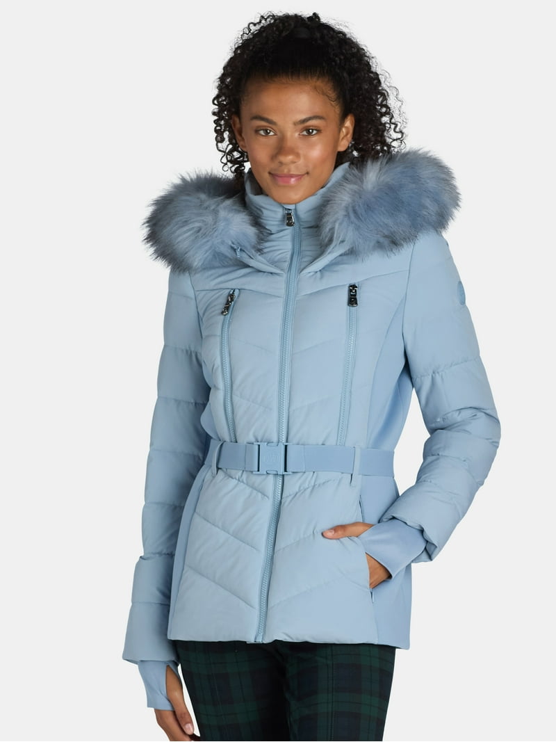 women's Belted Puffer Coat with Faux Fur Hood