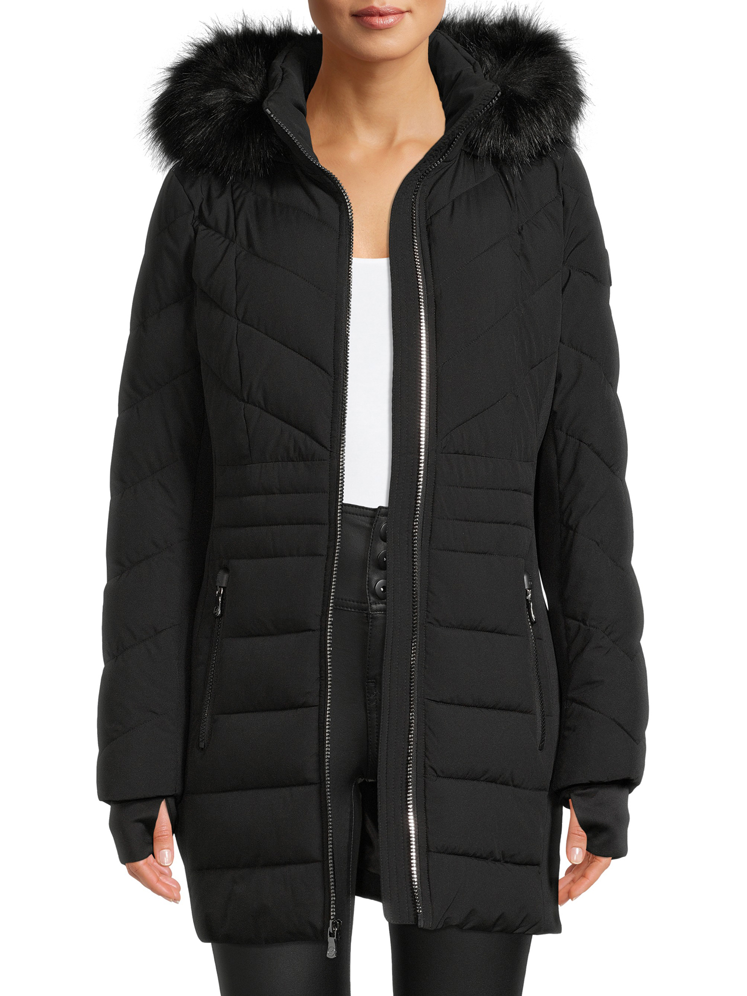womens mid length puffer coat with fur hood