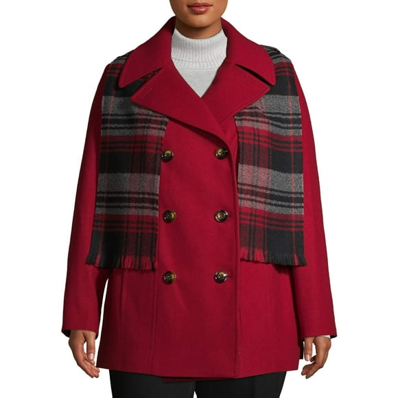 F.O.G. Women's Plus Size Double Breasted Wool Coat With Scarf