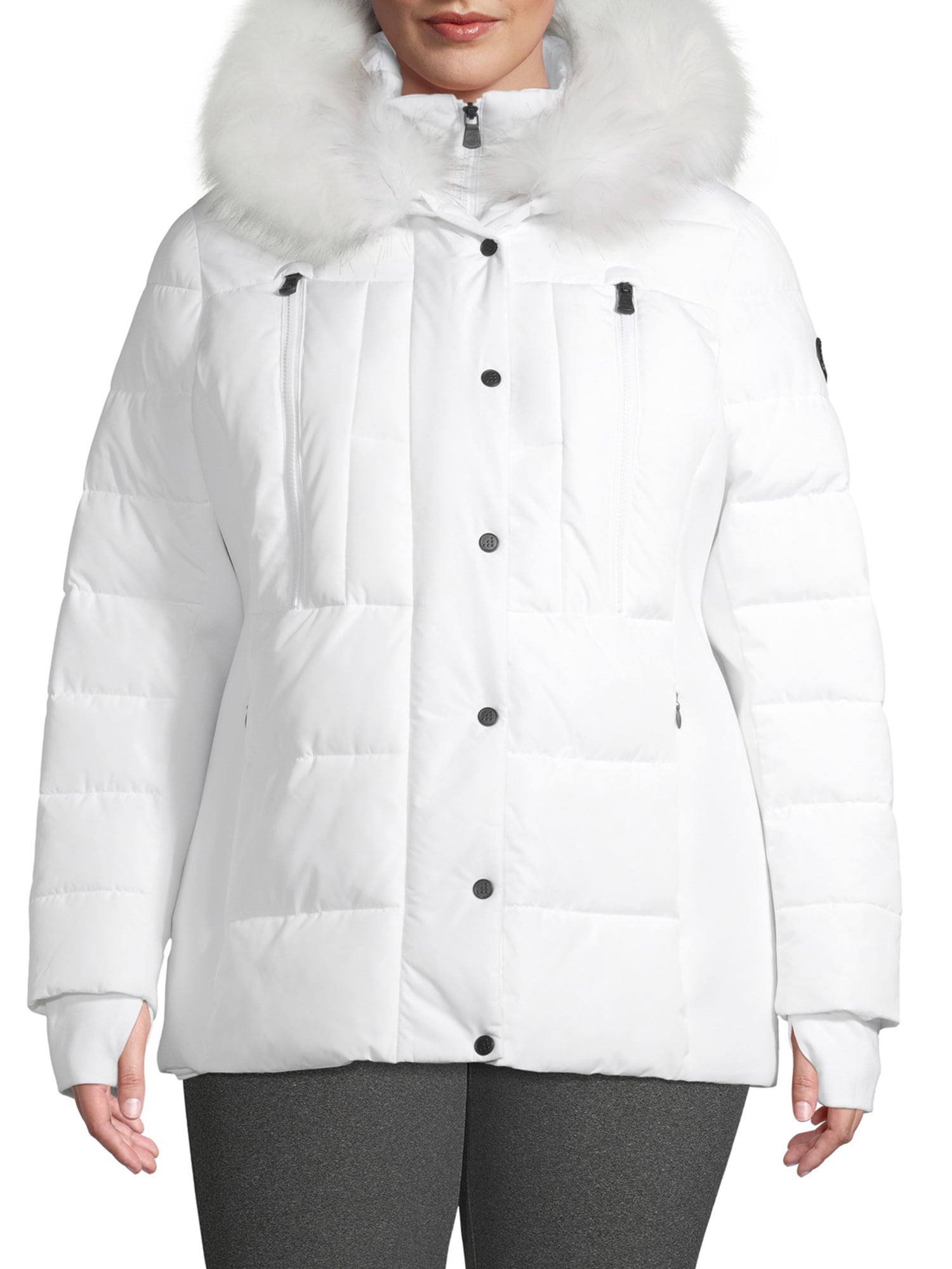 F.O.G. Women's Plus Size Short Puffer Coat with Faux Fur Hood - Walmart.com