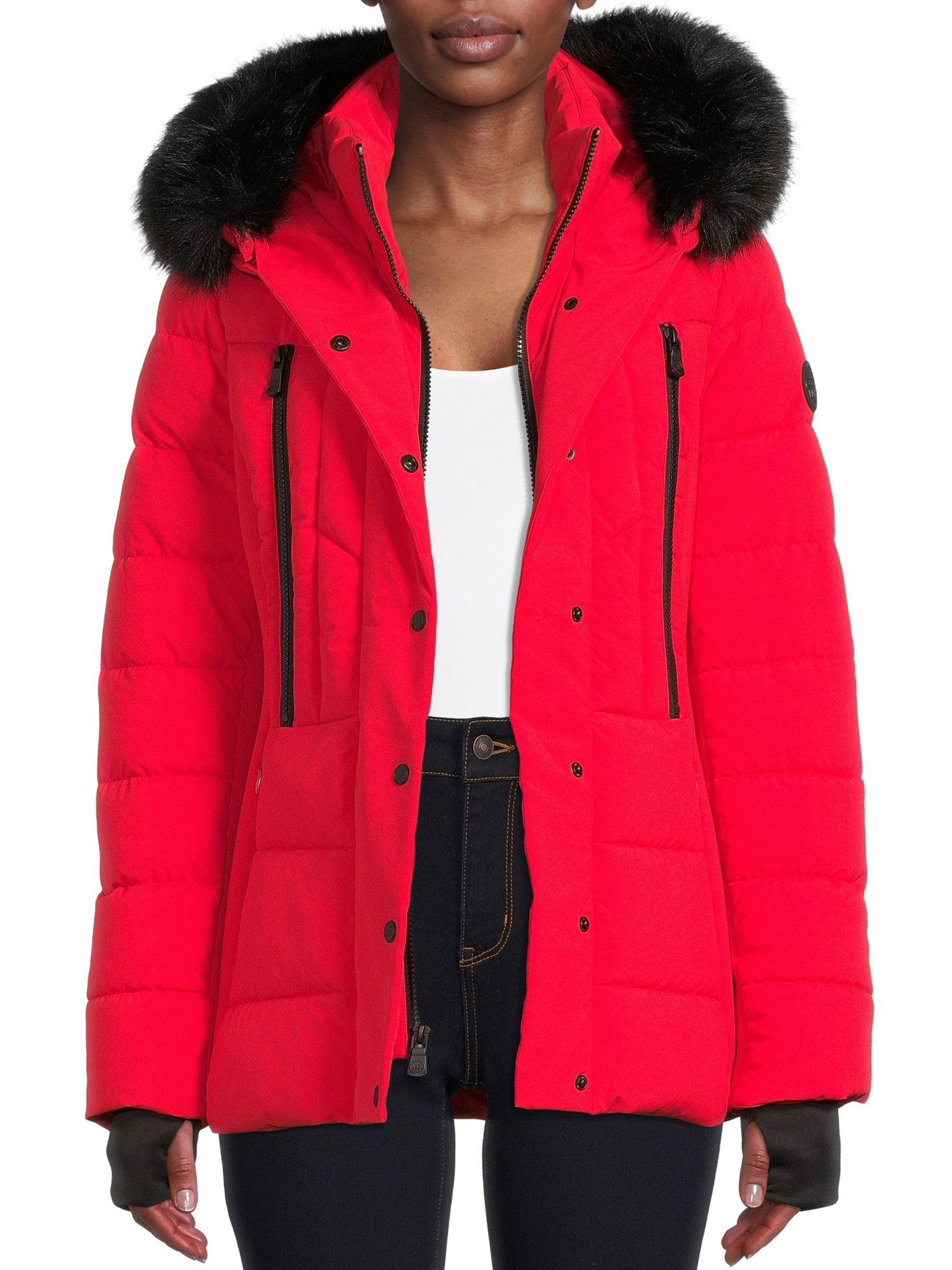 F.O.G. Women's Short Puffer Coat with Faux Fur Hood