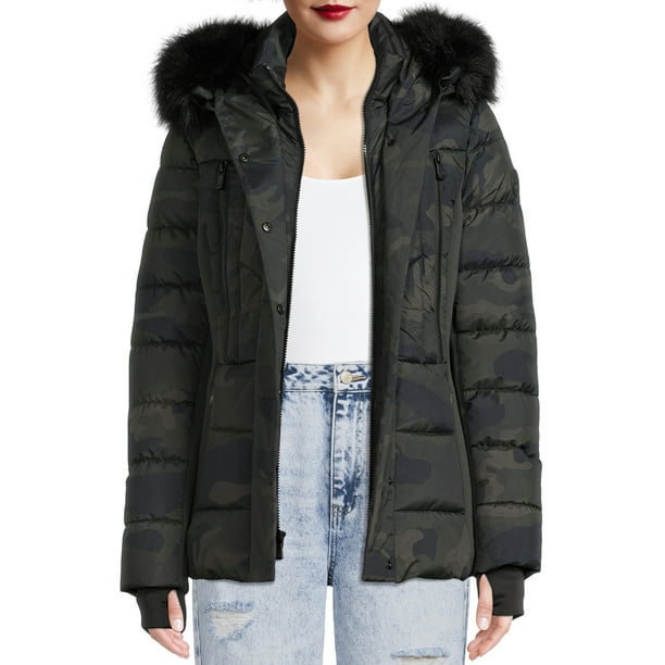 F.O.G. Women's Short Puffer Coat with Faux Fur Hood
