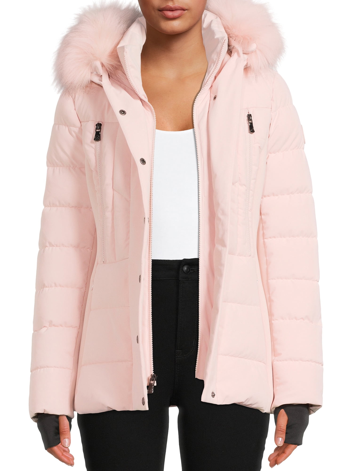 F.O.G. Women's Short Puffer Coat with Faux Fur Hood