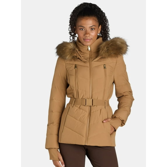 F.O.G. Women's and Women's Plus Belted Puffer with Faux Fur Hood, Sizes S-3X