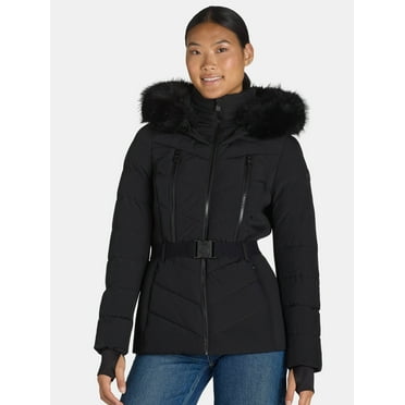 F.O.G. Women's and Women's Plus Belted Puffer with Faux Fur Hood, Sizes S-3X